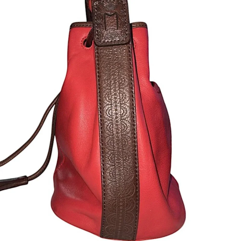 Brighton Orange Red Leather Drawstring Bucket Bag Purse with Fringe - Picture 8 of 13